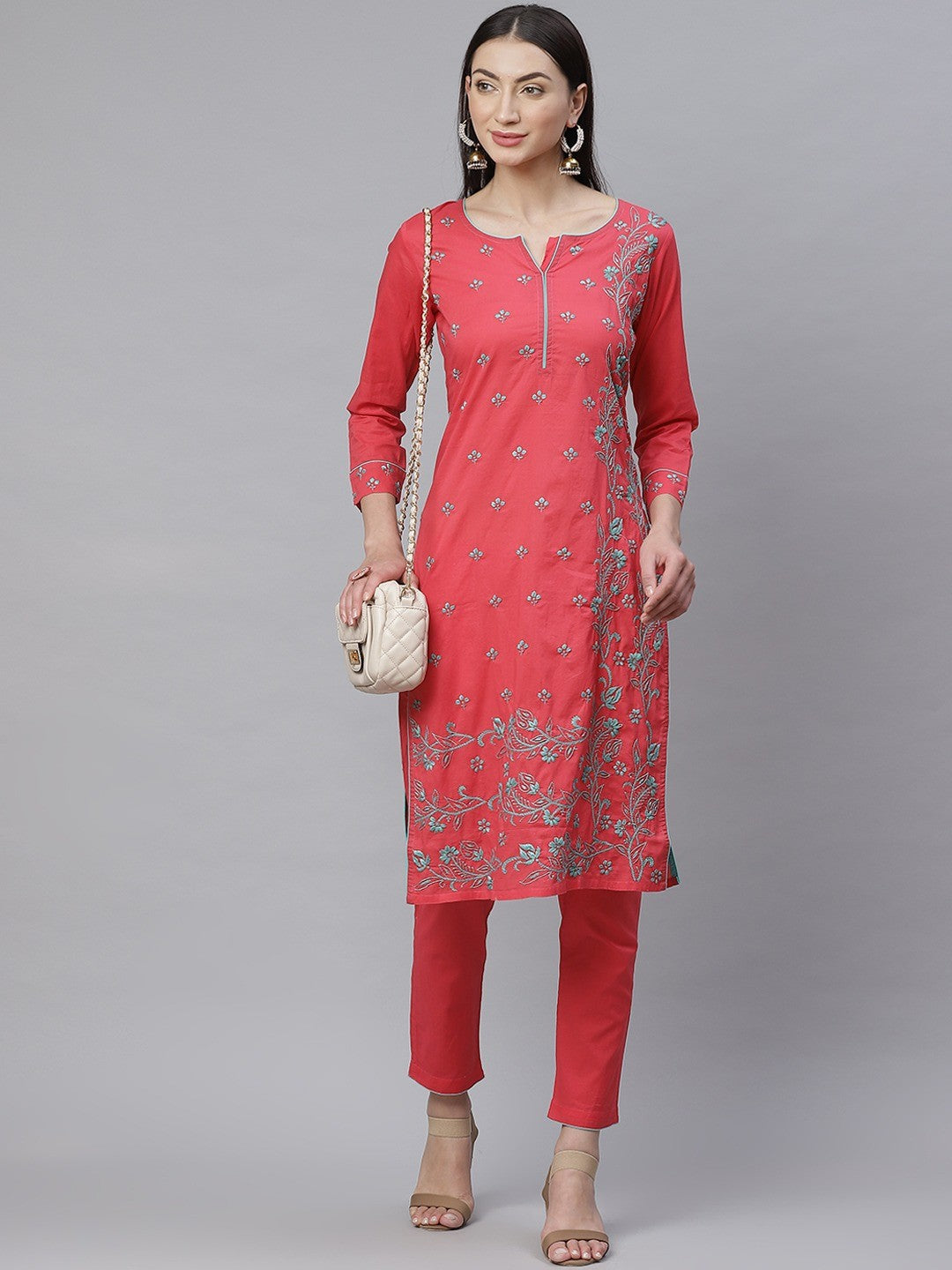Ada Hand Embroidered Carrot Pink Cotton Lucknowi Chikankari Straight Kurta With Trouser Set A811132