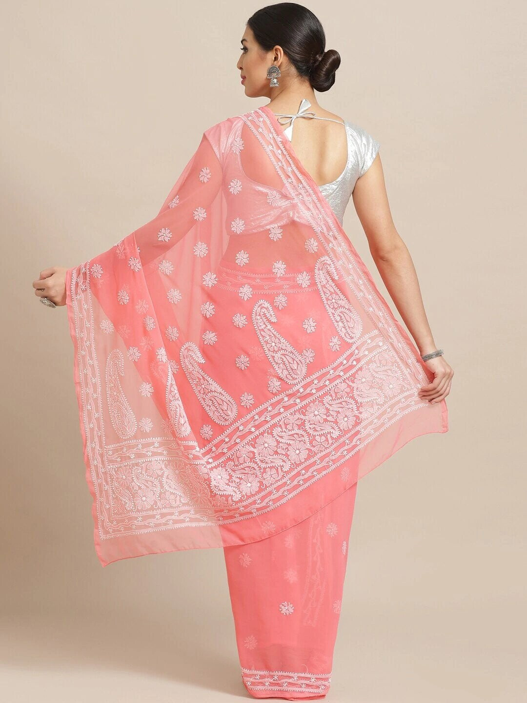 Ada Hand Embroidered Peach Georgette Lucknow Chikan Saree with Blouse A100572