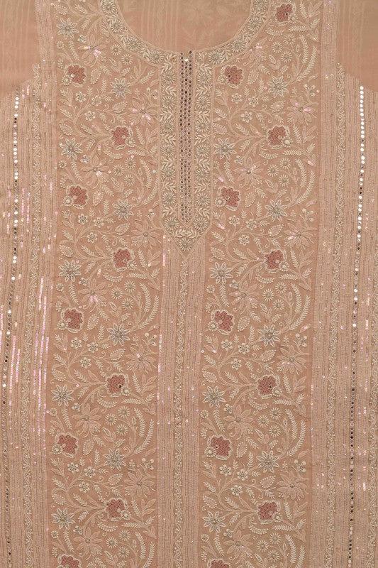 Ada Hand Embroidered Fawn Pure Georgette Lucknowi Chikan Unstitched Kurta Dupatta set A600736