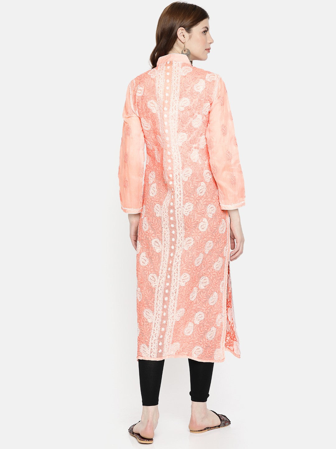 Ada Hand Embroidered Peach Cotton Lucknowi Chikankari Straight Kurta A239017