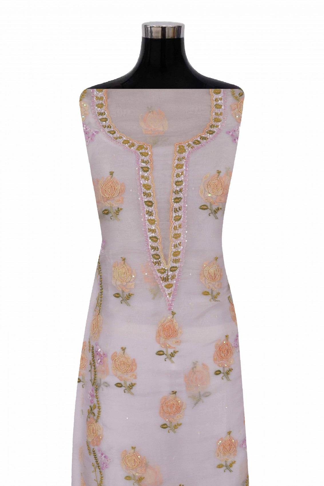 Ada Hand Embroidered Light Mauve Organza Lucknowi Chikankari Unstitched Kurta Dupatta Set With Pearl Work 01A140637