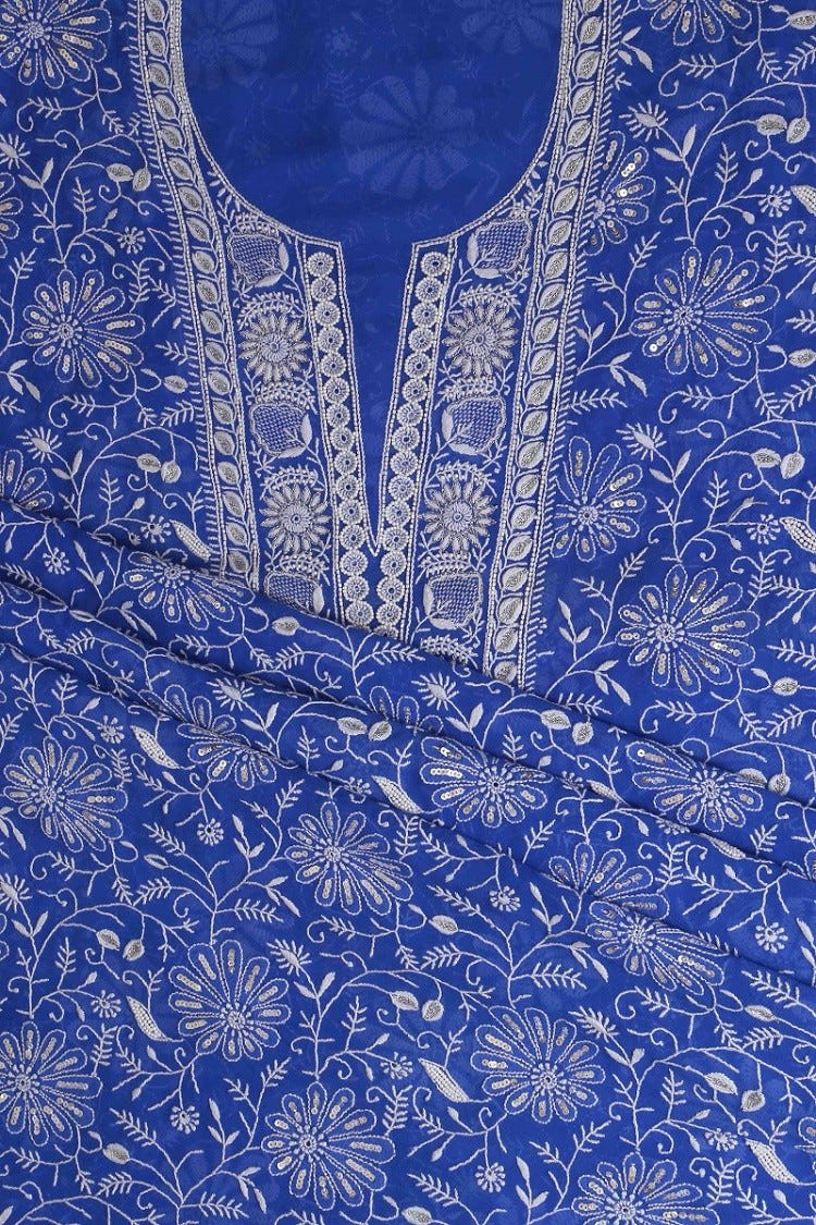 Ada Hand Embroidered Royal Blue Pure Georgette Lucknowi Chikan Unstitched Kurta Dupatta Set With Pearl & Sequinned Work A602319