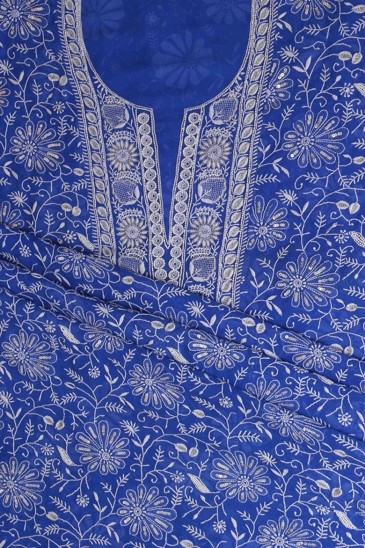 Ada Hand Embroidered Royal Blue Pure Georgette Lucknowi Chikan Unstitched Kurta Dupatta Set With Pearl & Sequinned Work A602319