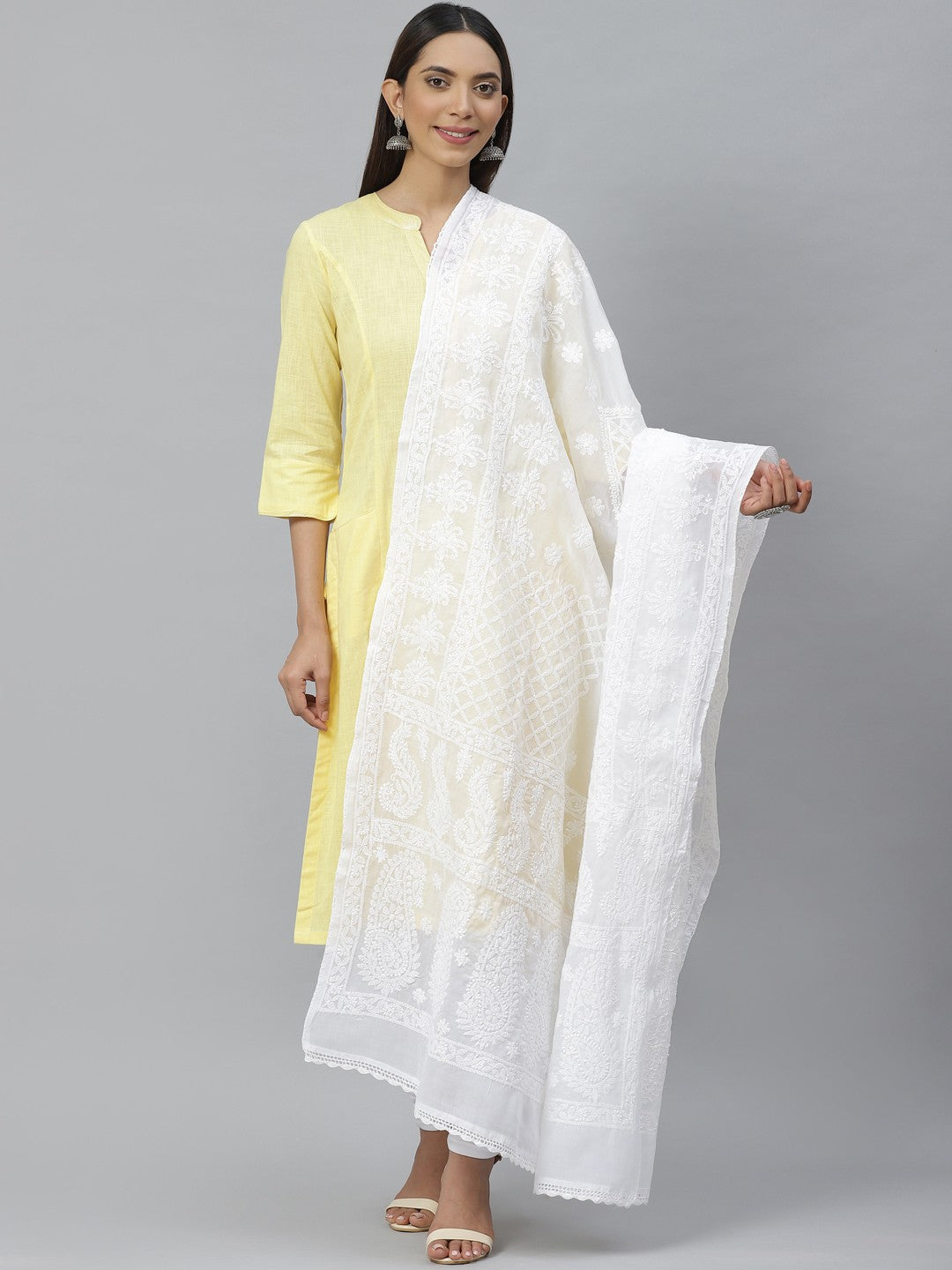 Ada Hand Embroidered White Cotton Lucknowi Chikankari Dupatta– A511124