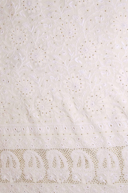 Ada Hand Embroidered White Pure Georgette Lucknowi Chikan Unstitched Kurta Dupatta Set With Muqaish Work-A610887