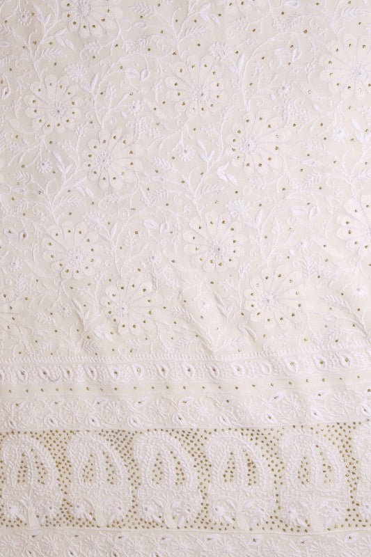 Ada Hand Embroidered White Pure Georgette Lucknowi Chikan Unstitched Kurta Dupatta Set With Muqaish Work-A610887