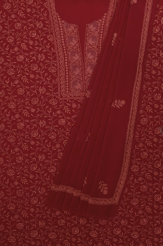 Ada Hand Embroidered Maroon Pure Georgette Lucknowi Chikan Unstitched Kurta Dupatta Set A511814