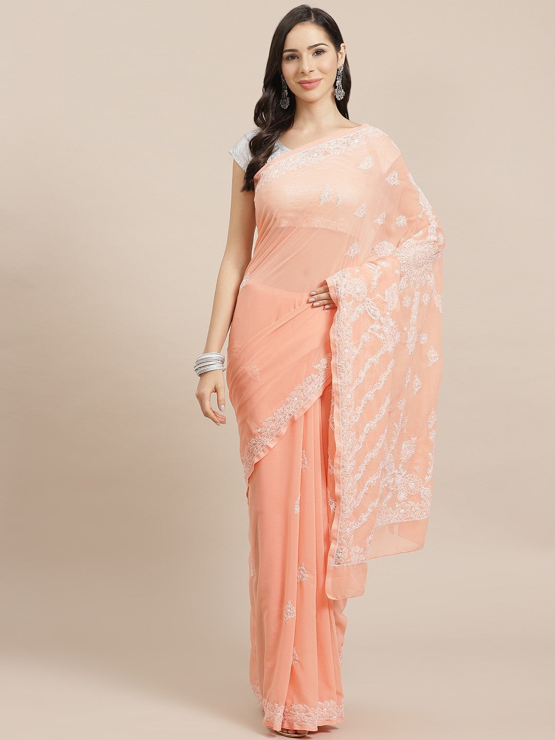 Ada Hand Embroidered Peach Georgette Lucknow Chikan Saree With Blouse -A183600