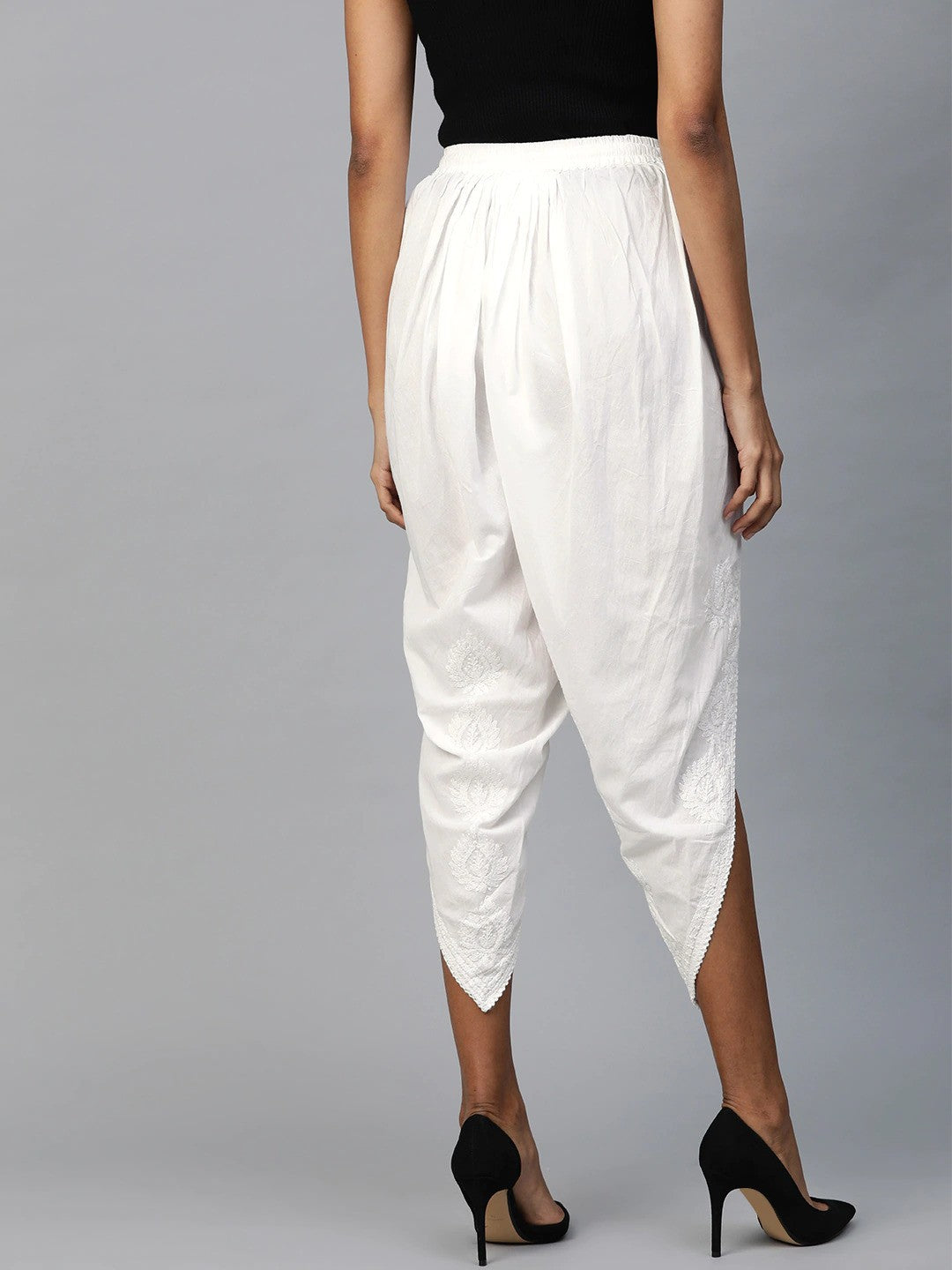 Ada Hand Embroidered White Cotton Lucknowi Chikankari Dhoti A100383