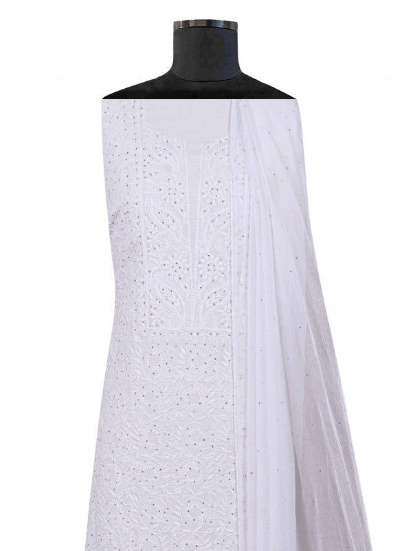 Ada Hand Embroidered White Cotton Lucknowi Chikankari Unstitched Suit Piece With Muqaish Work 01A207475