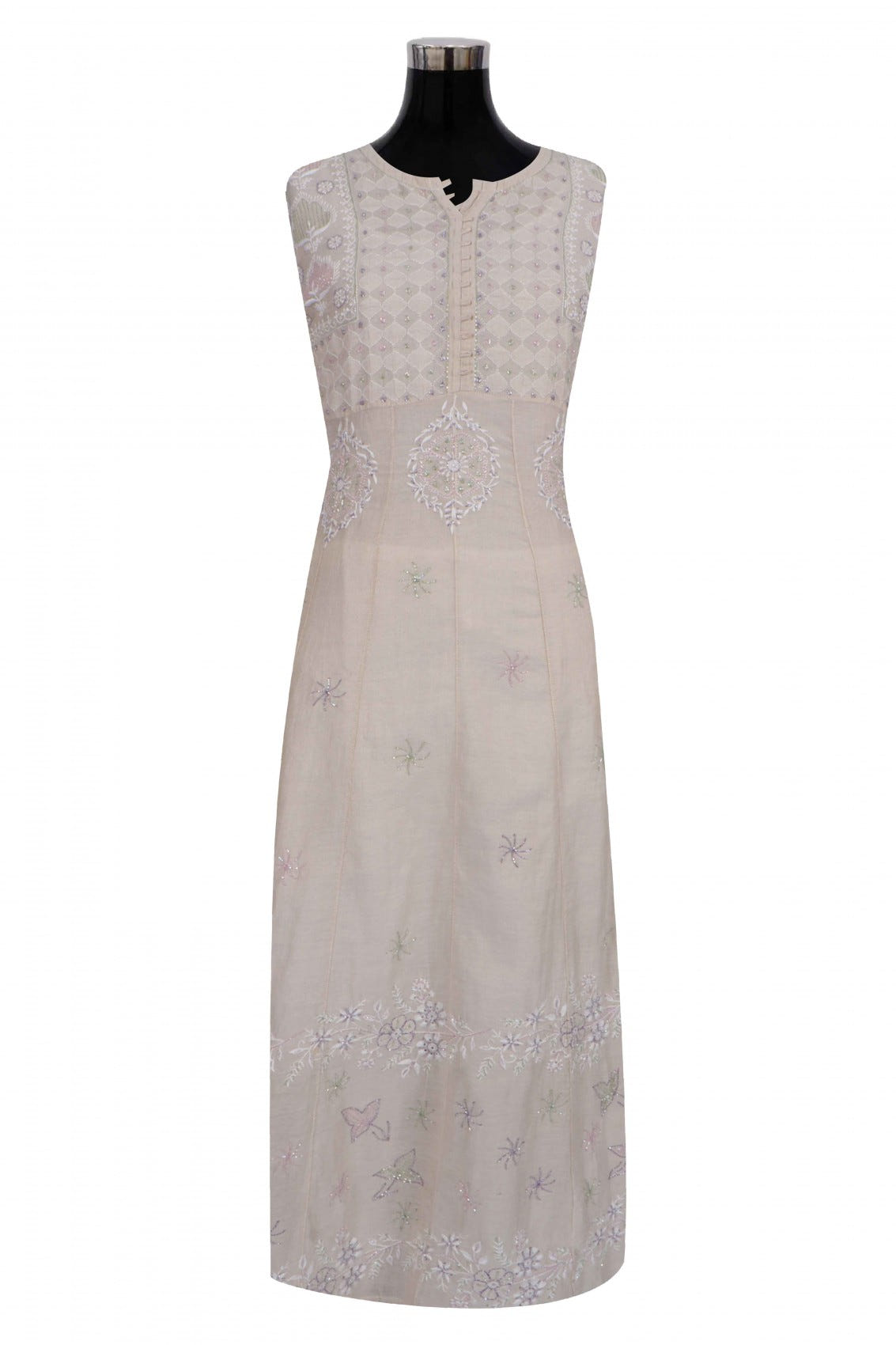 Ada Hand Embroidered Natural Fawn Tissue Lucknowi Chikankari Semi-Stitched Anarkali Kurta Dupatta Set With Cutdana Work 01A187880