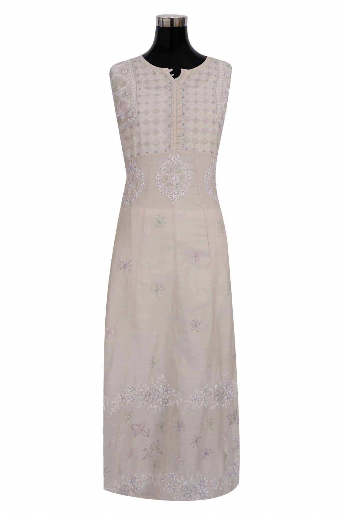 Ada Hand Embroidered Natural Fawn Tissue Lucknowi Chikankari Semi-Stitched Anarkali Kurta Dupatta Set With Cutdana Work 01A187880