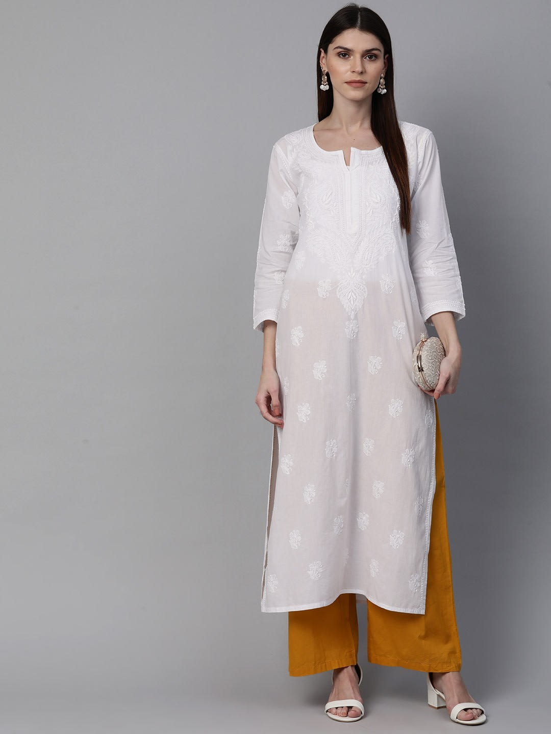 Ada Hand Embroidered White Cotton Lucknowi Chikankari Straight Kurta A100417