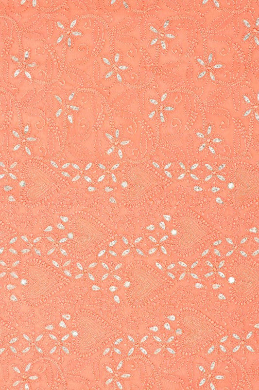 Ada Hand Embroidered Peach Georgette Chikan Unstitched Kurta Piece with Gota Patti Work A545635