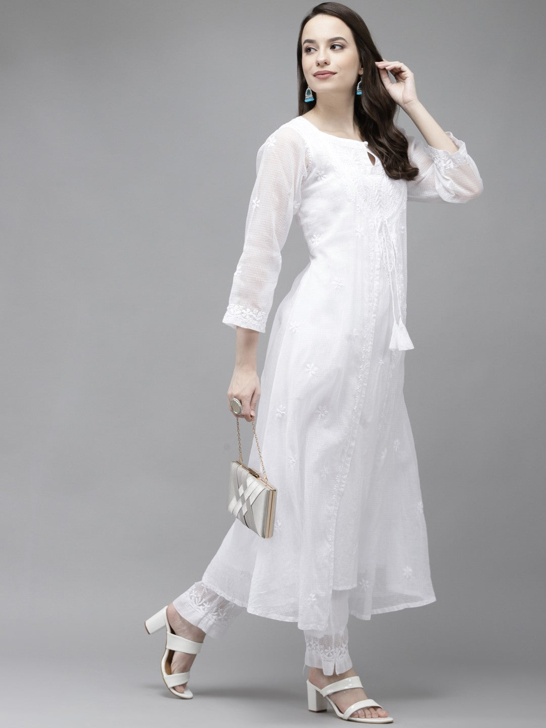 Ada Hand Embroidered White Kota Lucknowi Chikankari Kurta Set A811207