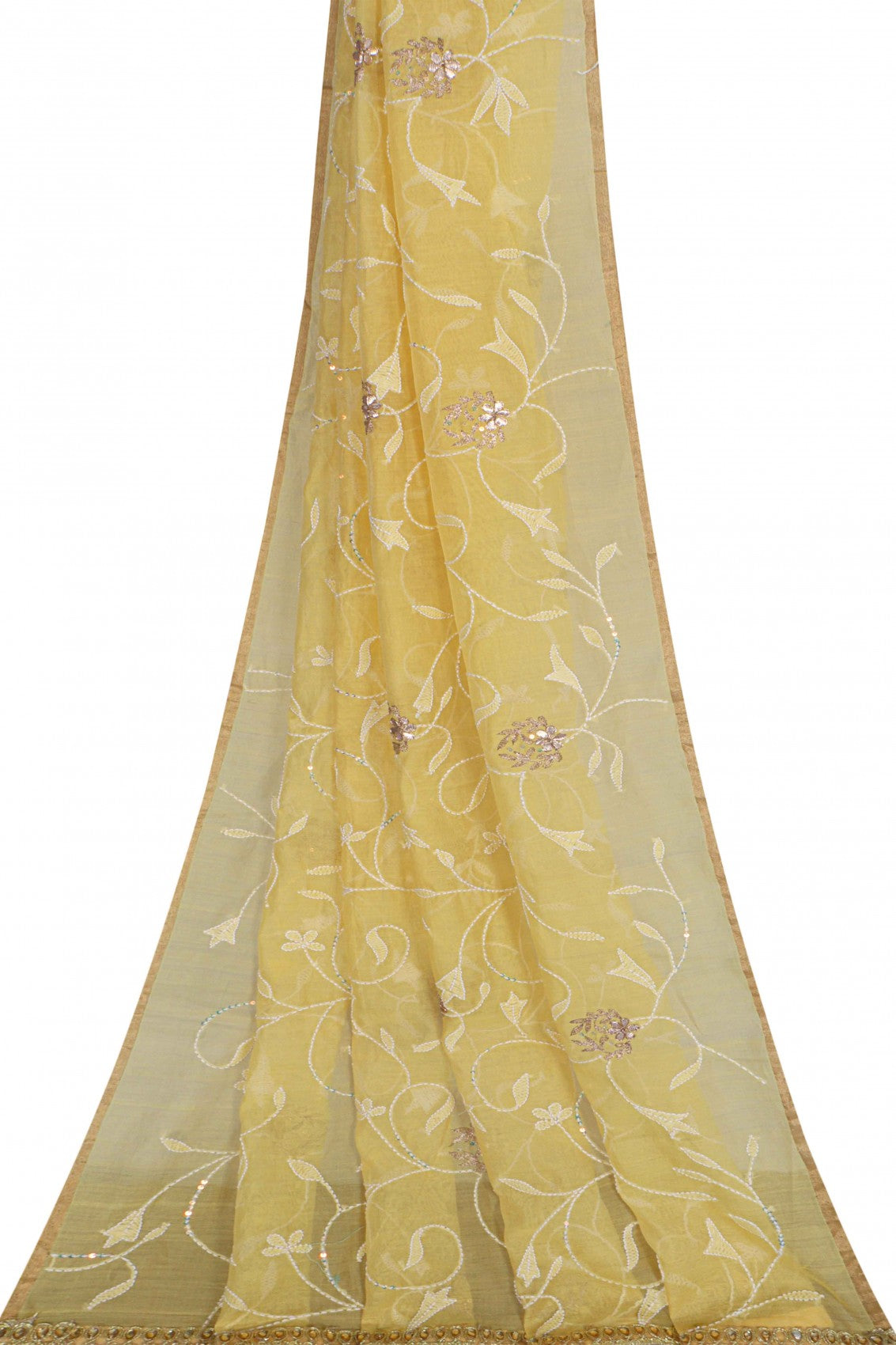Ada Hand Embroidered Yellow Chanderi Lucknowi Chikankari Dupatta With Zari Work A105795