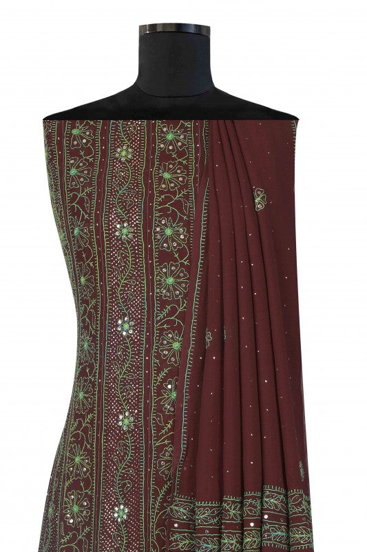 Ada Hand Embroidered Wine Pure Georgette Semi Stitched Anarkali Kurta Dupatta Set with Muqaish Work A615855