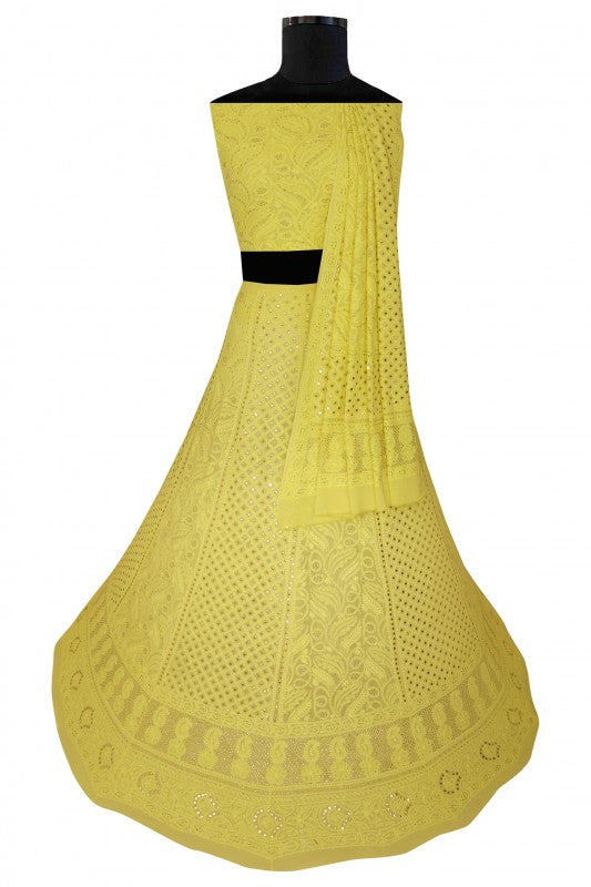 Ada Hand Embroidered Yellow Pure Georgette Lucknowi Chikankari Lehenga Set with Muqaish Work A578270