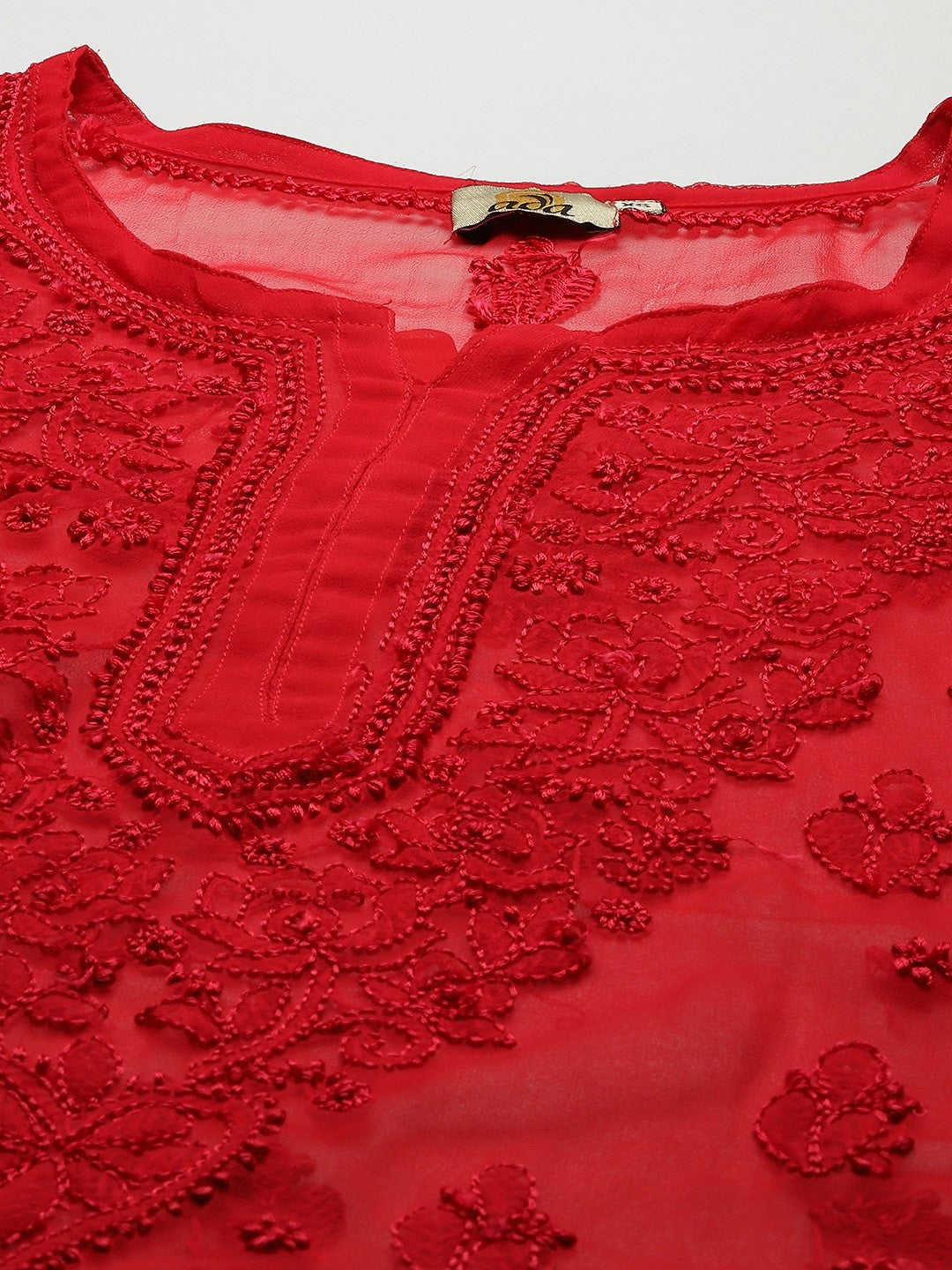 Ada Hand Embroidered Red Georgette Lucknowi Chikankari Kurti With Slip A911140