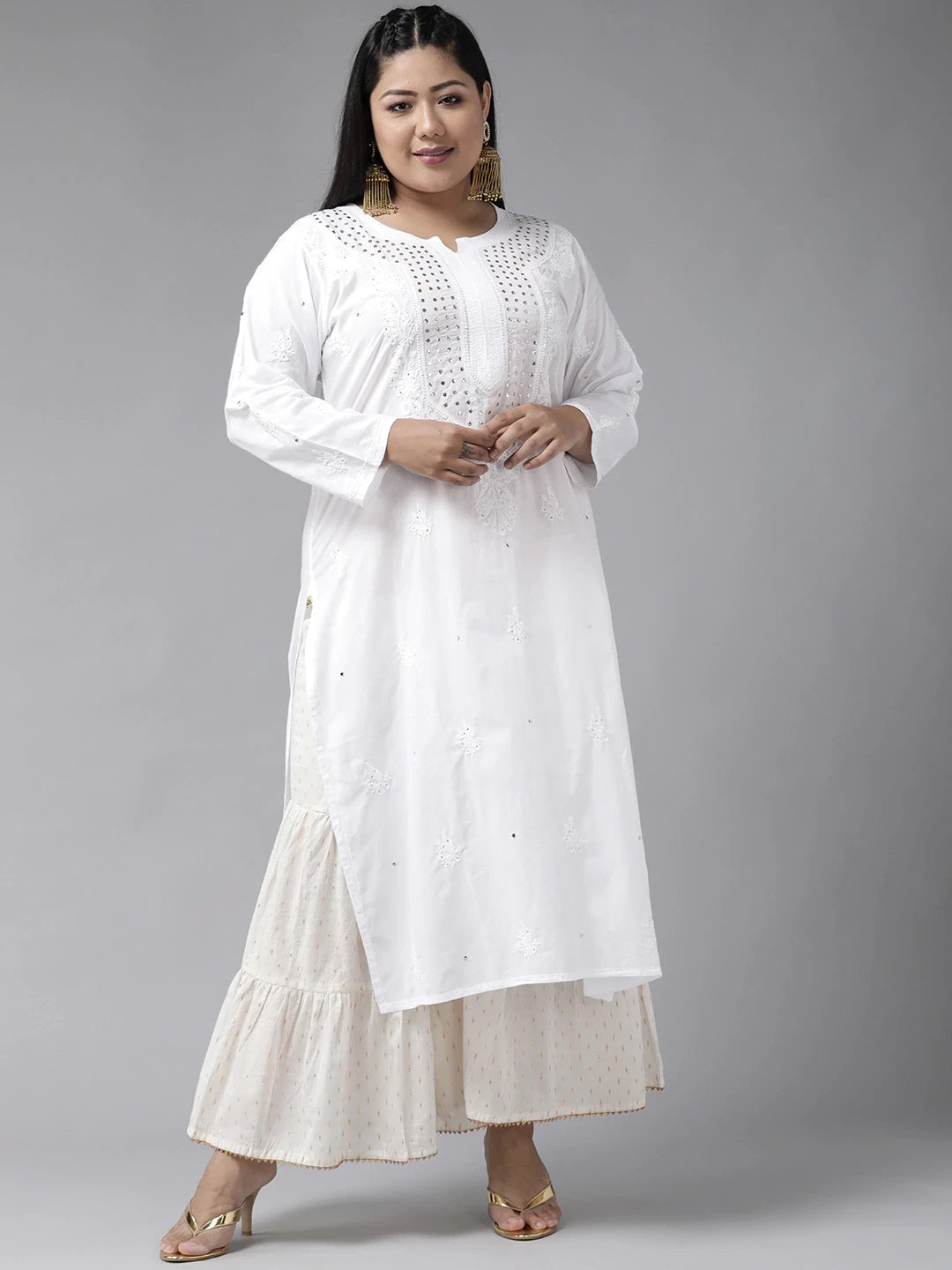 Ada Hand Embroidered White Cotton Lucknowi Chikankari Straight  Kurta With Muqaish Work A100421
