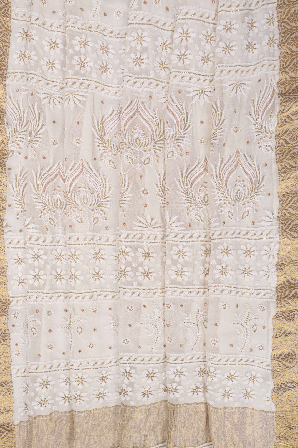 Ada Hand Embroidered White Chiffon Lucknowi Chikankari Saree/Blouse With Zari Work A491076