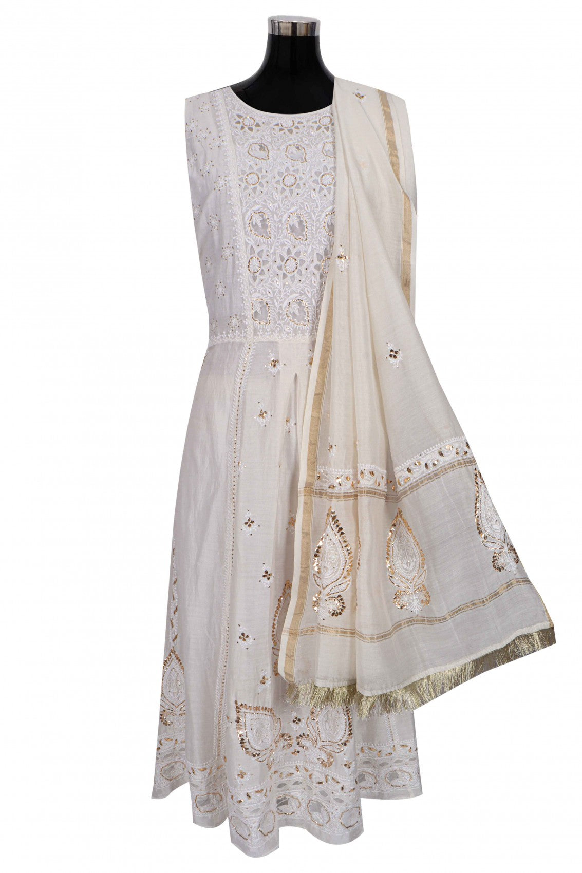 Ada Hand Embroidered Off White Chanderi Lucknowi Chikankari Semi Stitched Anarkali Kurta Dupatta Set With Muqaish Work 01A107812
