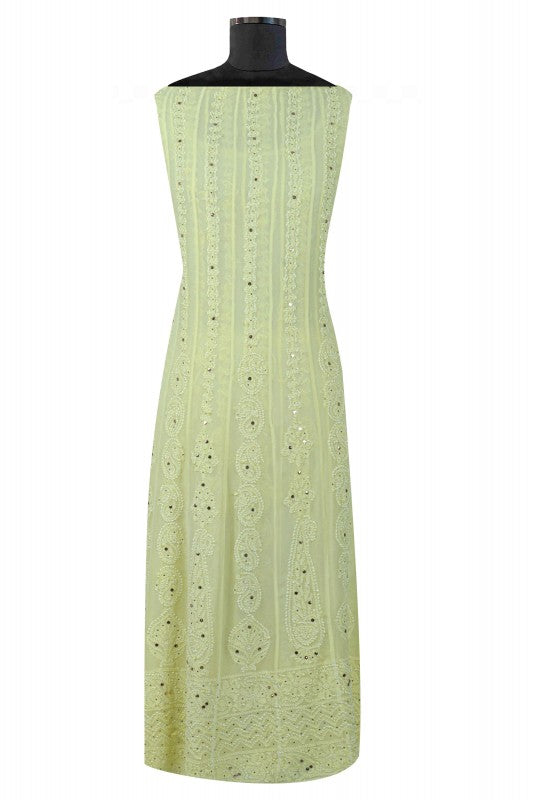 Ada Hand Embroidered Lemon Georgette Lucknowi Chikankari Semi-Stitched Anarkali Kurta Dupatta Set With Muqaish Work A607089