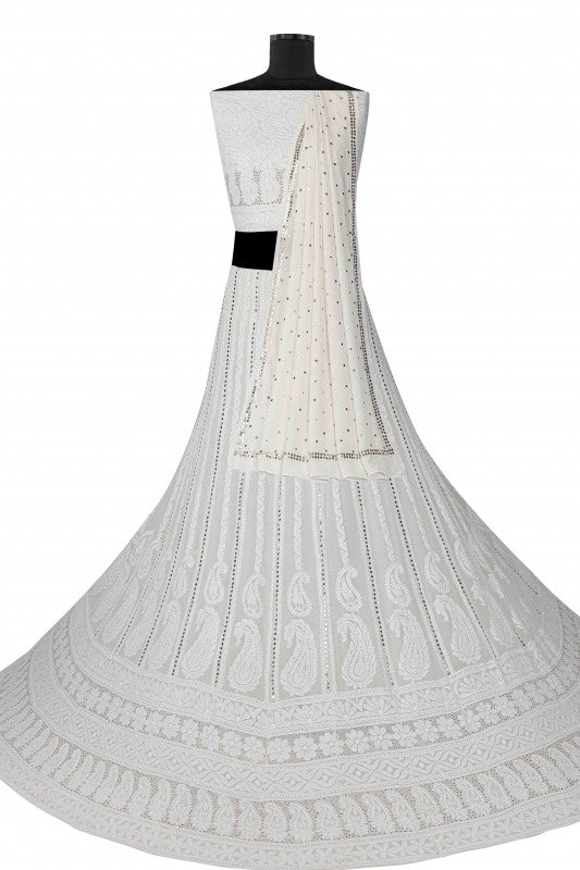 Ada Hand Embroidered Off White Pure Georgette Lucknowi Chikankari Lehenga Set with Muqaish Work A590681