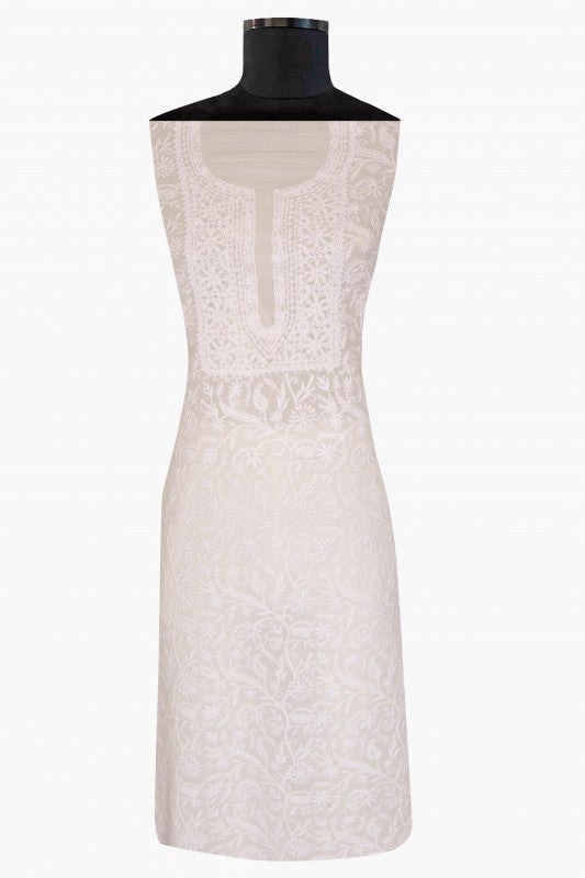Ada Hand Embroidered Off White Pure Georgette Lucknowi Chikan Unstitched Kurta Piece- A625465