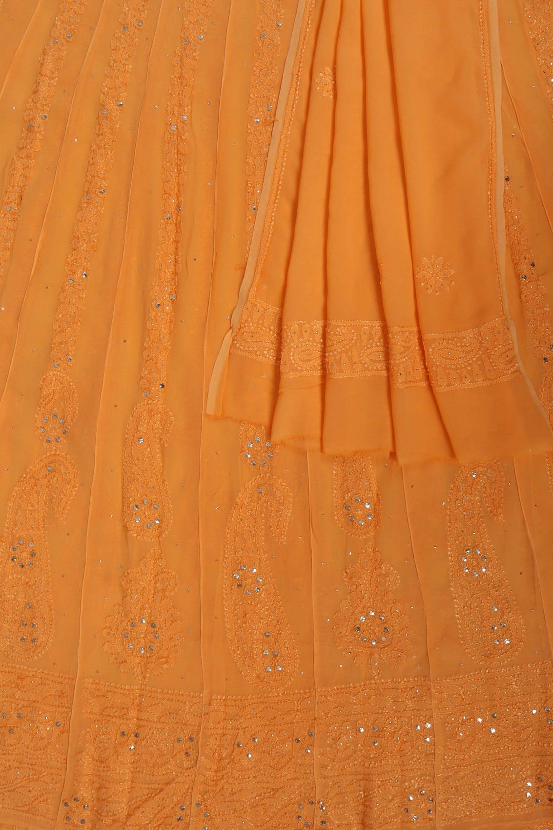 Ada Hand Embroidered Orange Georgette Lucknowi Chikankari Semi-Stitched Anarkali Kurta Dupatta Set With Muqaish Work 01A248219