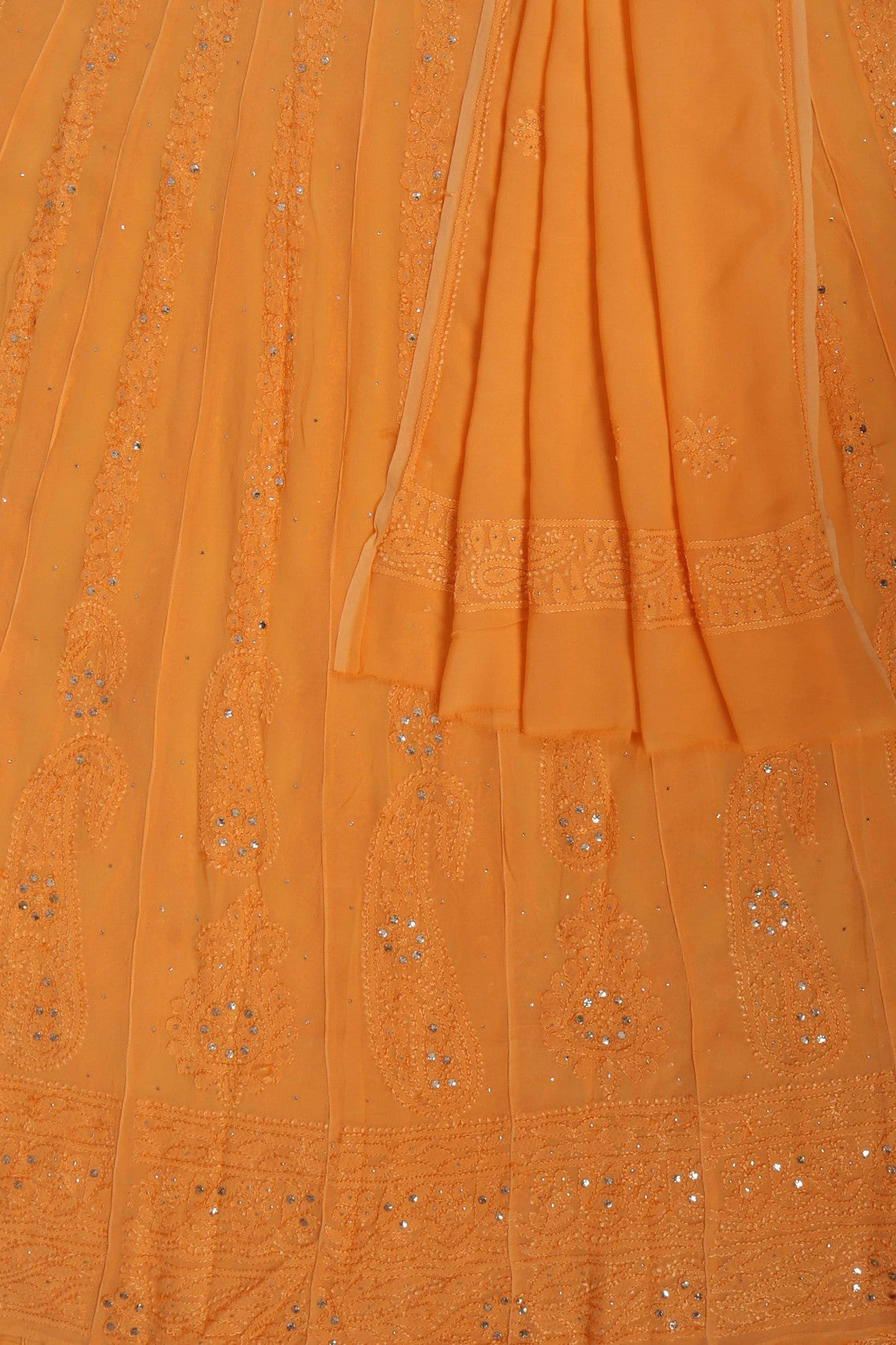 Ada Hand Embroidered Orange Georgette Lucknowi Chikankari Semi-Stitched Anarkali Kurta Dupatta Set With Muqaish Work 01A248219