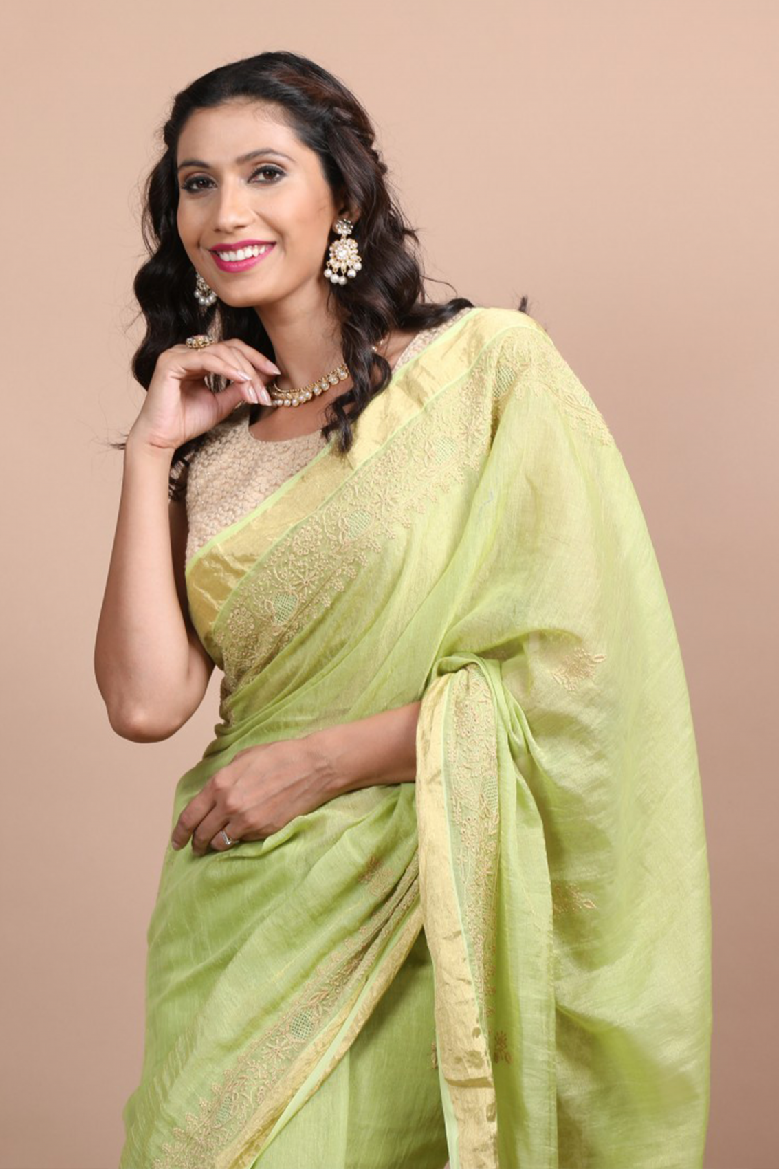 Ada Hand Embroidered Parrot Green Tissue Lucknow Chikan Saree/Blouse With Zari Work 01A265928