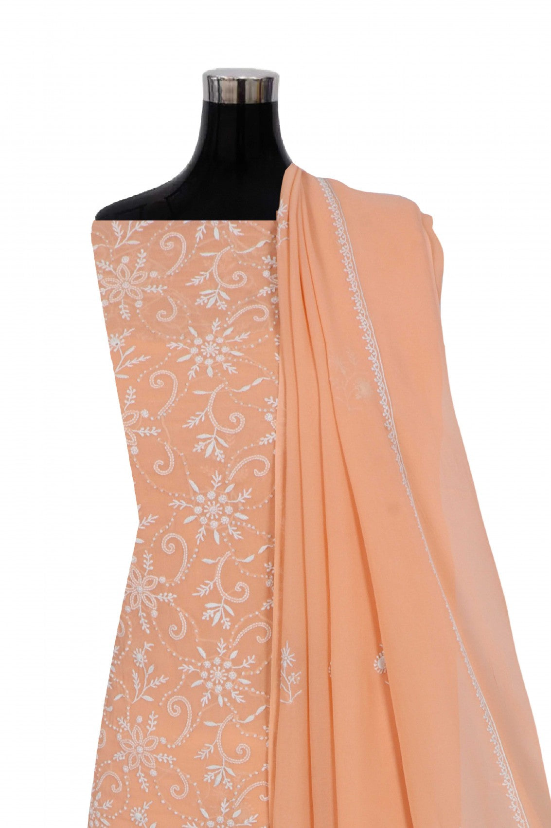 Ada Hand Embroidered Peach Pure Georgette Lucknowi Chikankari Unstitched Kurta Dupatta Set A460730