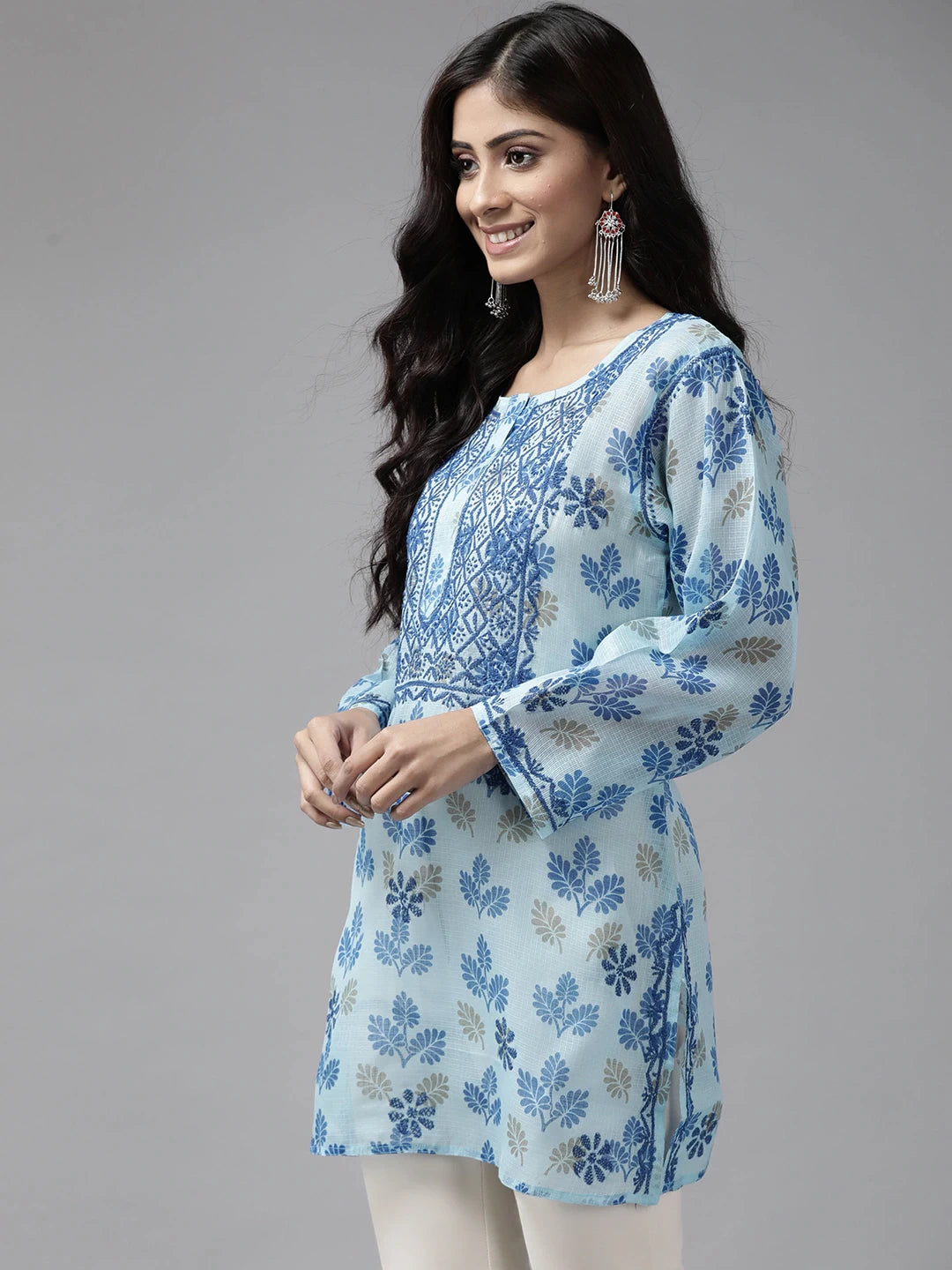 ADA Hand Embroidered Blue Kota Lucknowi Chikankari Kurti A911144