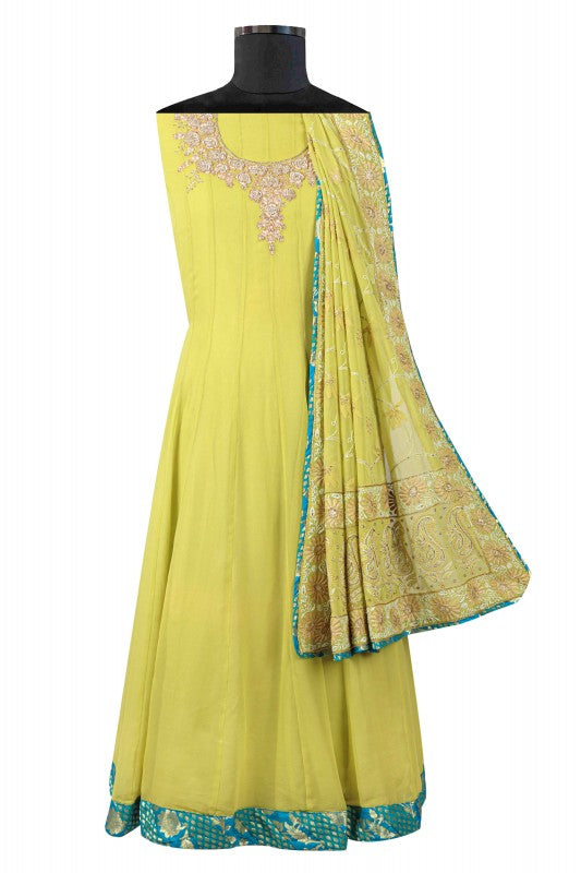 Ada Hand Embroidered Sheen Green Pure Georgette Lucknowi Chikankari Semi-Stitched Anarkali Kurta Dupatta Set With Zardosi Work A192509