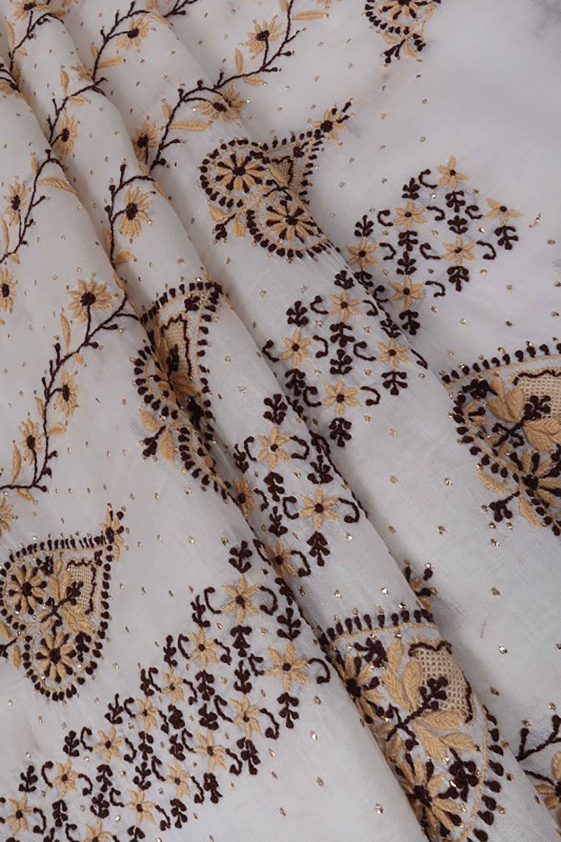 Ada Hand Embroidered Cream Chanderi Lucknowi Chikankari Unstitched Kurta Dupatta Set With Muqaish Work A570898
