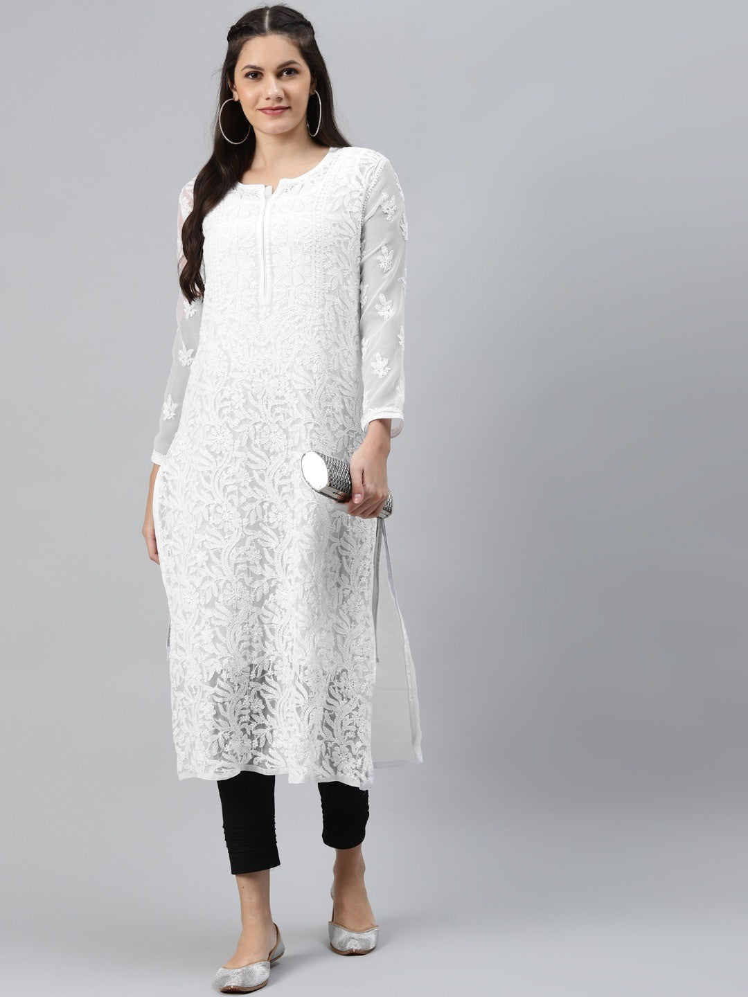 Ada Hand Embroidered White Georgette Lucknowi Chikankari Straight Kurta Set With Slip A811192
