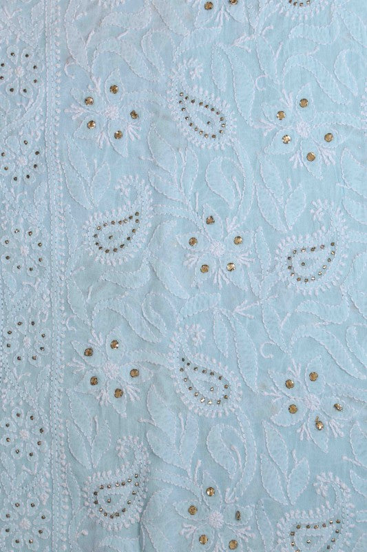 Ada Hand Embroidered Light Blue Pure Georgette Lucknowi Chikankari Semi-stitched Suit Piece Muqaish Work-A431436