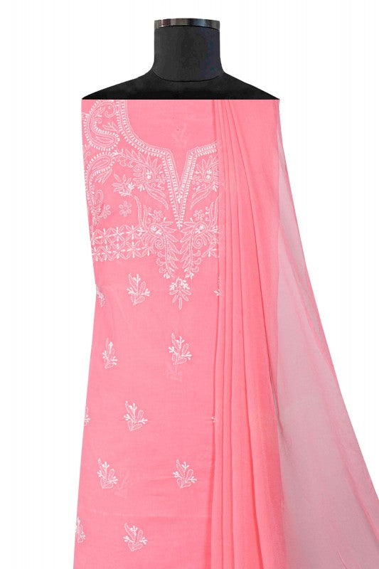 Ada Hand Embroidered Pink Cotton Lucknowi Chikan Unstitched Suit Piece A213045