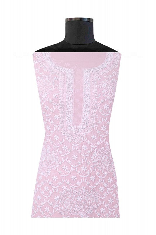 Ada Hand Embroidered Baby Pink Pure Georgette Lucknowi Chikan Unstitched Kurta Piece A21481