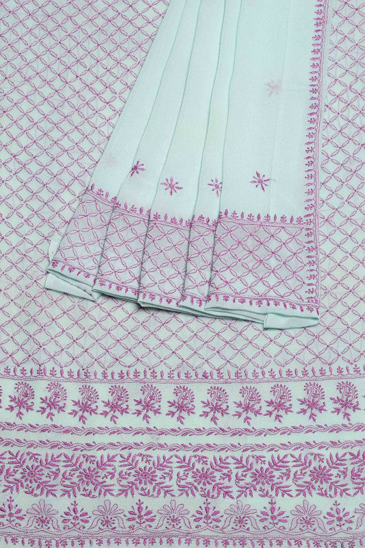 Ada Hand Embroidered Sea Green Pure Georgette Lucknowi Chikan Unstitched Kurta Dupatta Set A292109