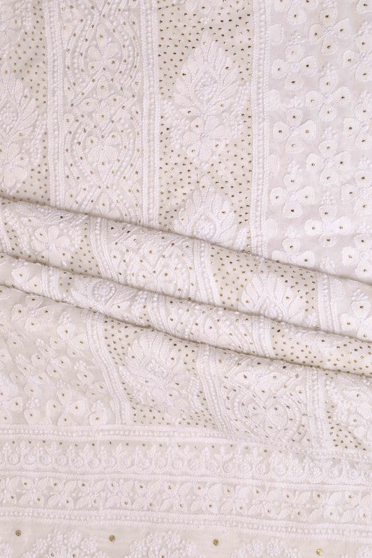 Ada Hand Embroidered White Pure Georgette Lucknowi Chikan Unstitched Kurta Piece With Muqaish Work A526844