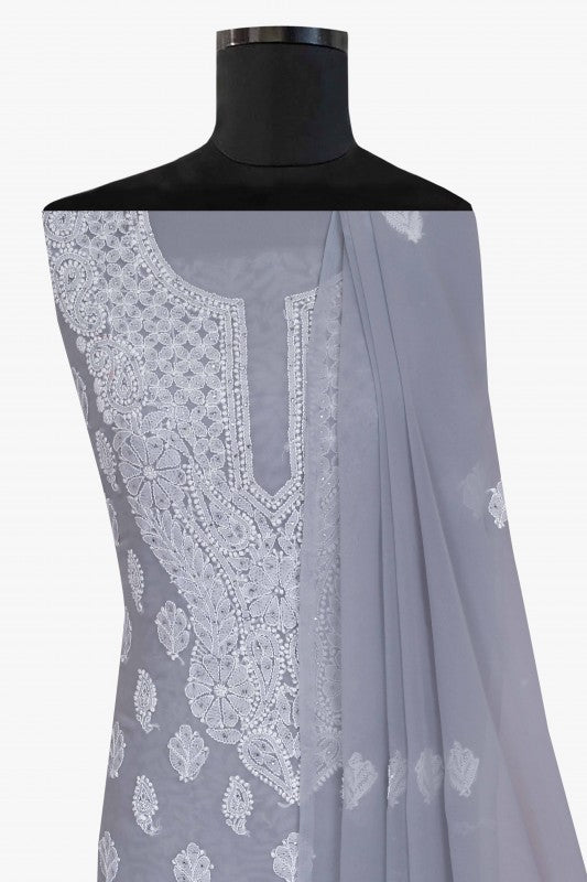 Ada Hand Embroidered Grey Georgette Lucknowi Chikan Unstitched Suit Piece with Muqaish Work A614631