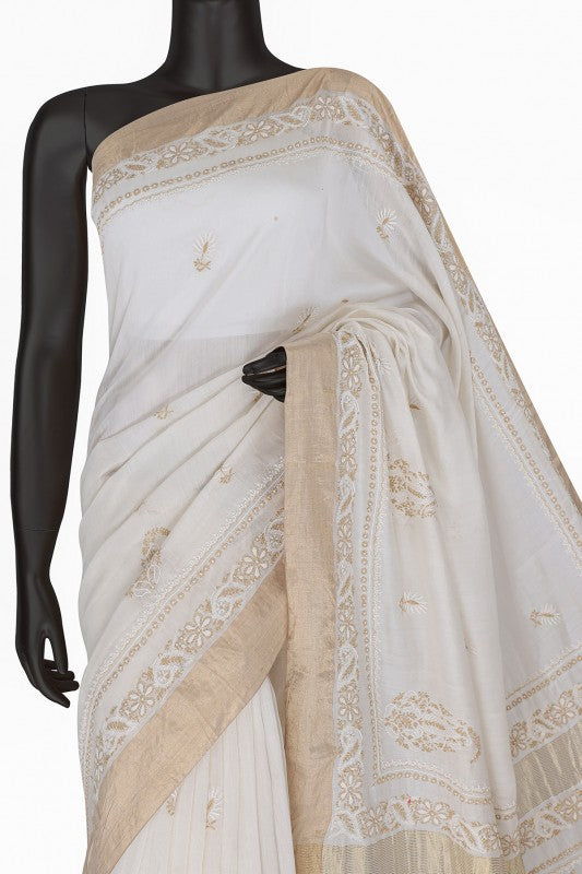 Ada Hand Embroidered Cream Chanderi Lucknowi Chikankari Saree With Blouse A606173
