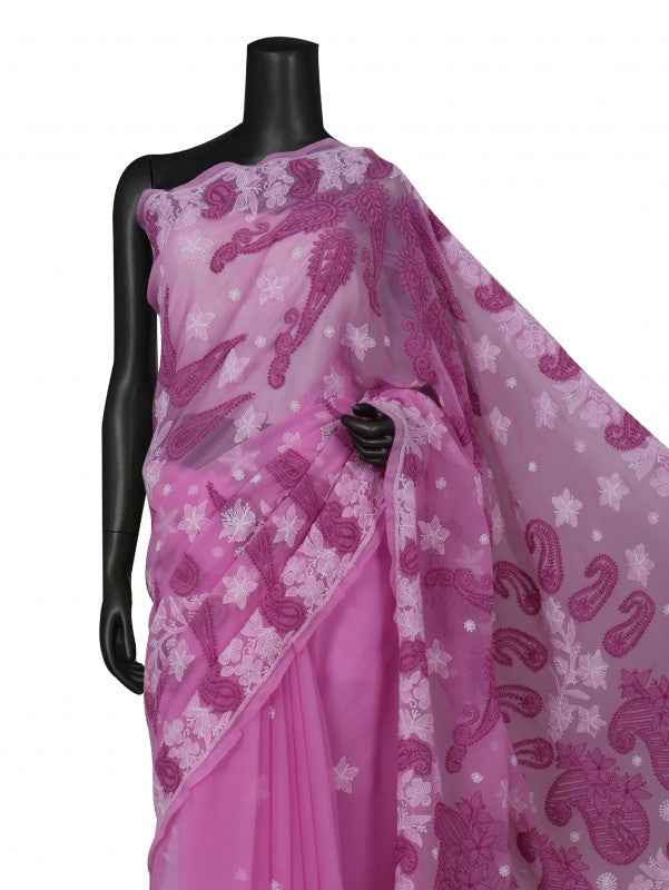 Ada Hand Embroidered Orchid Purple Georgette Lucknowi Chikankari Saree With Blouse A406466