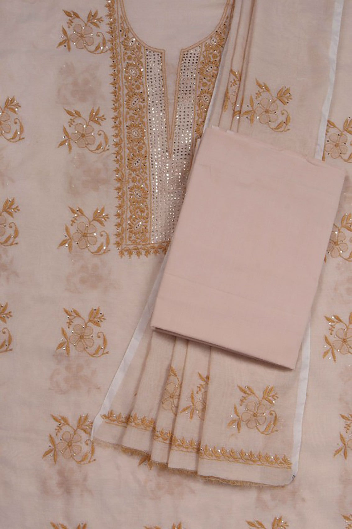 Ada Hand Embroidered Natural Fawn Tissue Lucknowi Chikankari Unstitched Suit Piece With Muqaish Work 01A27069