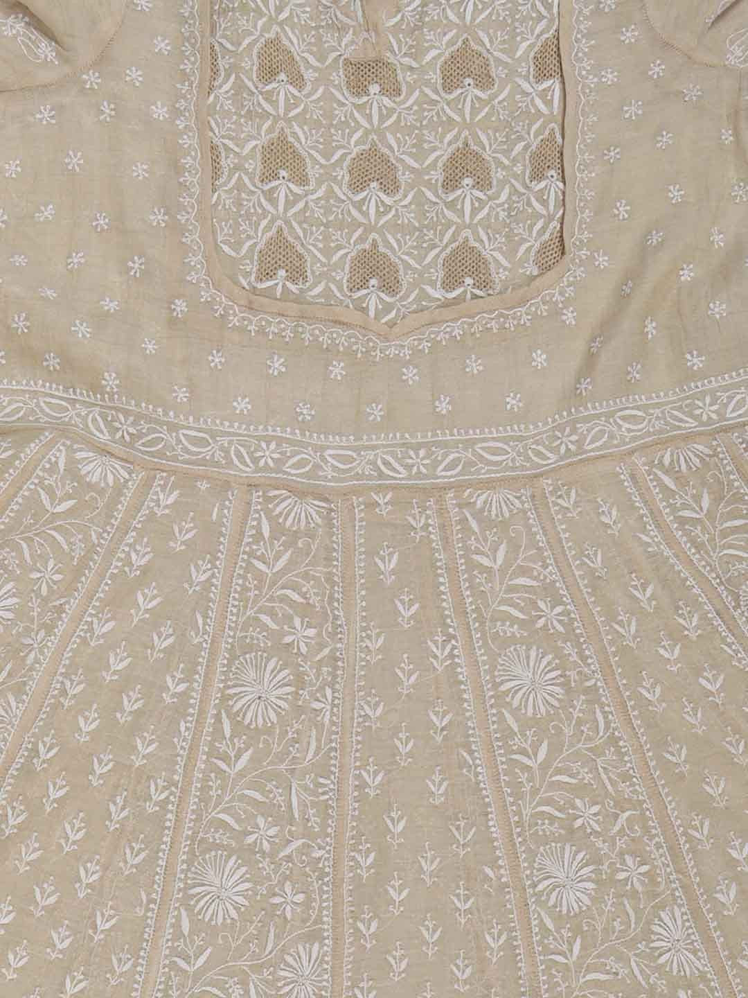 Ada Hand Embroidered Natural Fawn Tissue Lucknowi Chikankari Semi-Stitched Anarkali Kurta Dupatta Set With Zari Work 01A205793