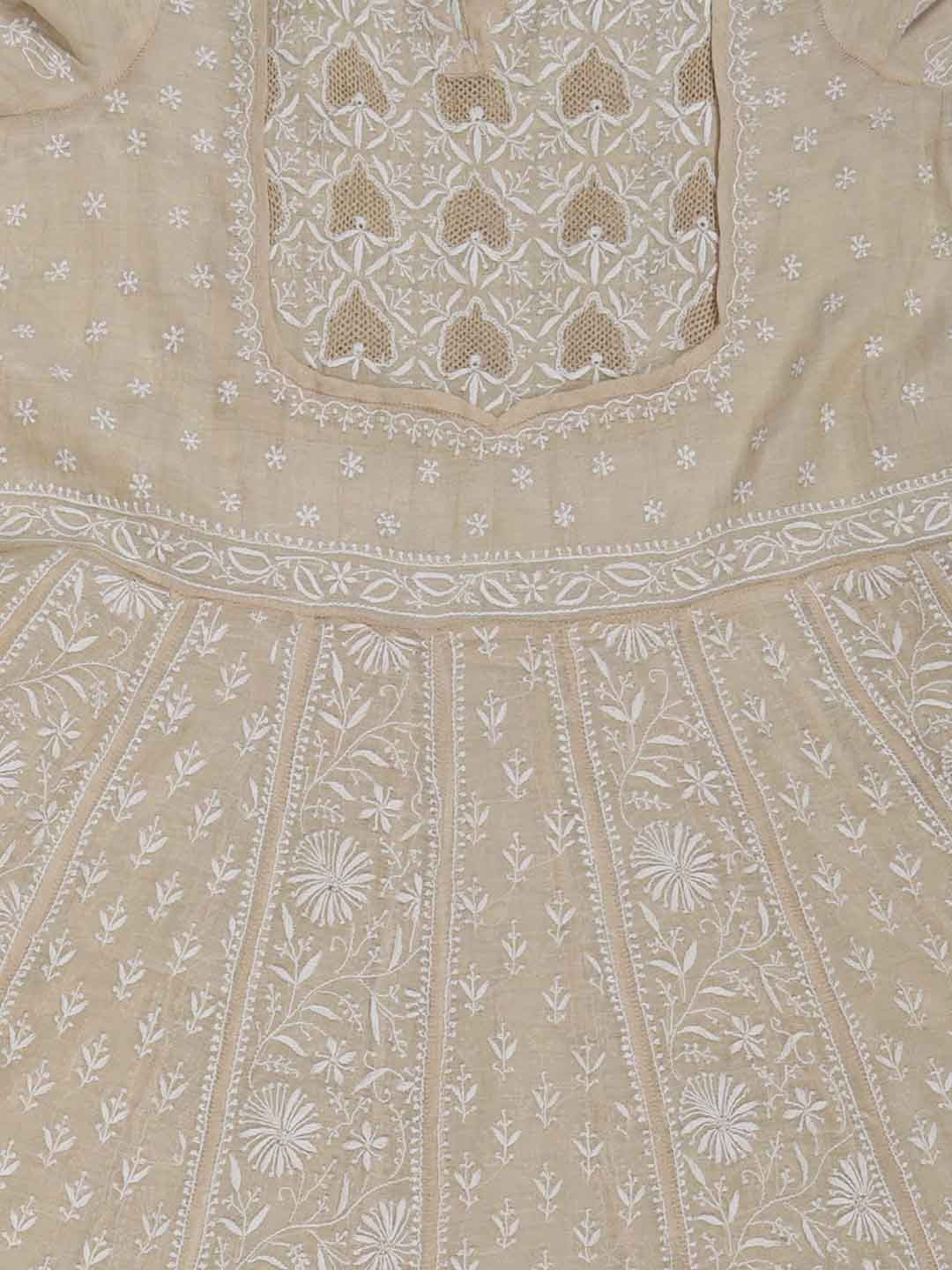 Ada Hand Embroidered Natural Fawn Tissue Lucknowi Chikankari Semi-Stitched Anarkali Kurta Dupatta Set With Zari Work 01A205793