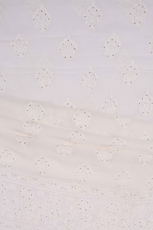Ada Hand Embroidered White Georgette Lucknowi Chikan Unstitched Kurta Piece With Muqaish Work A576834