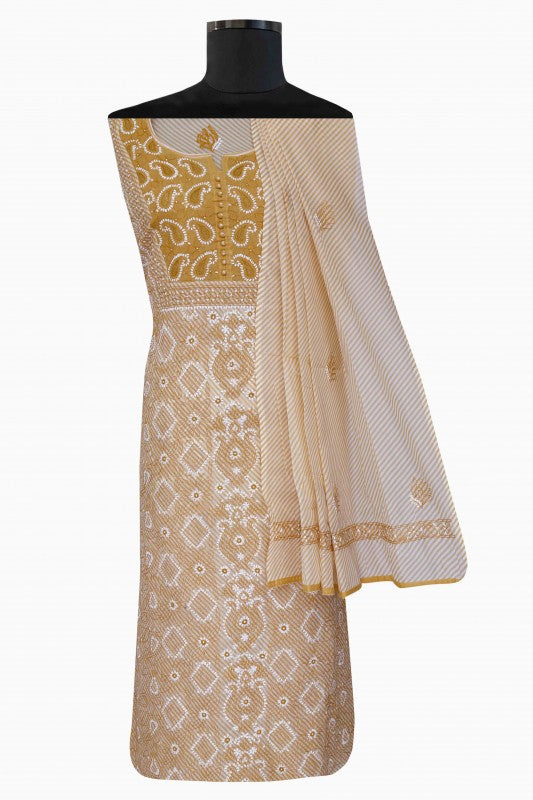Ada Hand Embroidered Fawn Cotton Lucknowi Chikan Unstitched Suit Piece–A619232